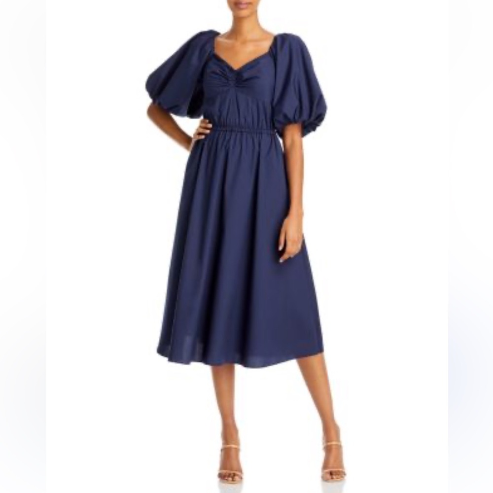 JASON WU Women's Navy Blue Puff Sleeve Sweetheart Midi‎ Dress Side Pockets 12